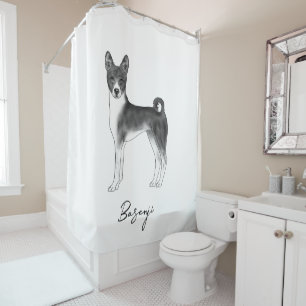 Cute Basenji Dog In Black And White & Custom Text Shower Curtain