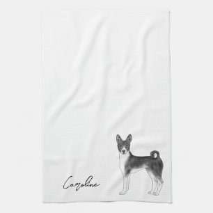 Cute Basenji Dog In Black And White & Custom Text Tea Towel