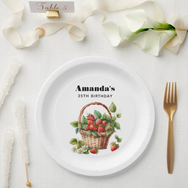 Cute Basket Full of Strawberries Birthday Paper Plate (Wedding)