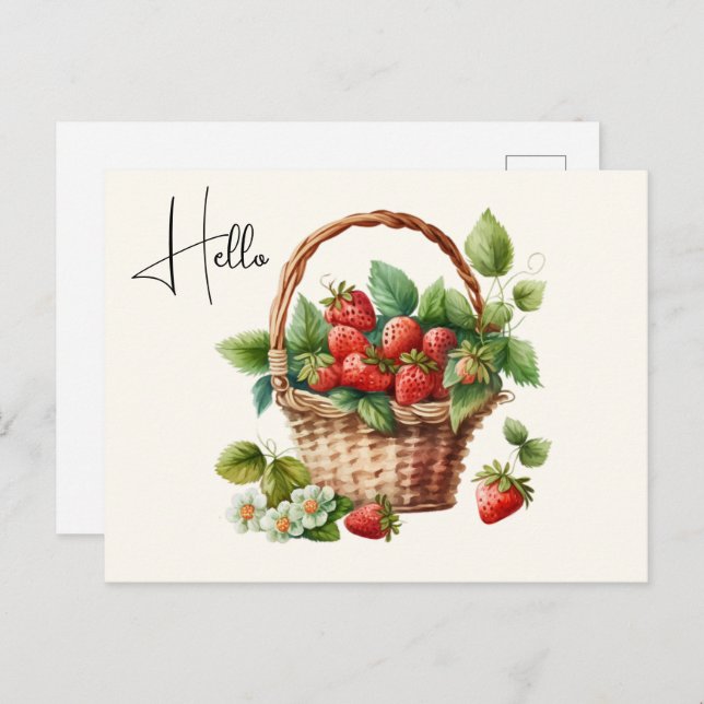 Cute Basket Full of Strawberries Hello Postcard (Front/Back)
