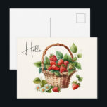 Cute Basket Full of Strawberries Hello Postcard<br><div class="desc">Postcard with a fresh summer vibe. A cute illustration featuring fresh picked strawberries filling up a quaint wicker basket.</div>