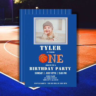 Cute Basketball Blue Photo One 1st Birthday Invitation