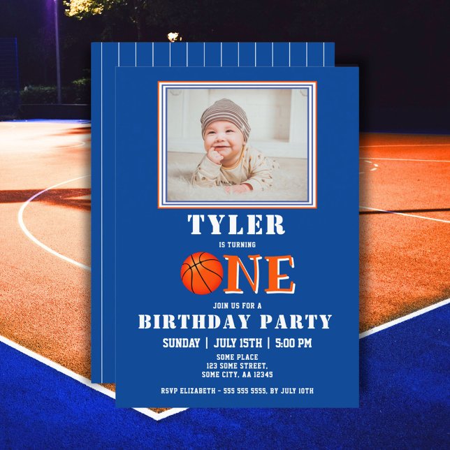 Cute Basketball Blue Photo One 1st Birthday Invitation (Creator Uploaded)