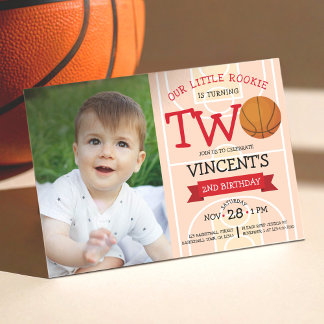 Cute Basketball Court & Ribbon Photo 2nd Birthday Invitation