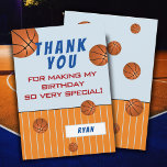 Cute Basketball Kids Birthday Thank You Card<br><div class="desc">Cute Basketball Kids Birthday Thank You, Card. Basketball themed birthday thank you card with a thank you message, child`s name and basketball balls. The card is in white, blue and orange colours. On the back of the card are basketball balls. Personalise this basketball card with your name. You can change...</div>