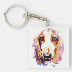 Cute Basset Hound Dog Face Pet Sketch Key Ring