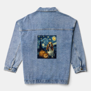 Cute Basset Hound Dog Halloween Jack O Lantern Pum Denim Jacket