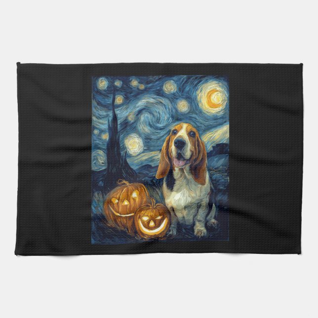 Cute Basset Hound Dog Halloween Jack O Lantern Pum Tea Towel (Horizontal)