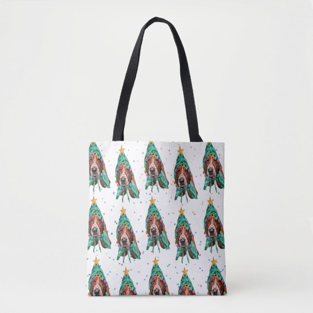 Cute Basset Hound Dog Pattern Christmas Tote Bag (Front)