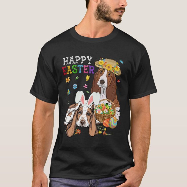 Cute Basset Hound Dogs Easter Egg Basket Happy Eas T-Shirt (Front)