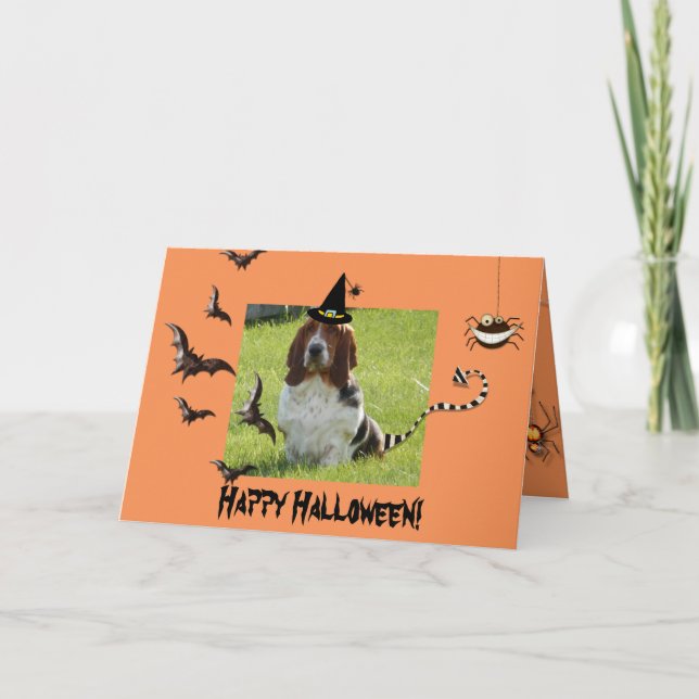 Cute Basset Hound on Funny Halloween card (Front)