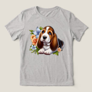 Cute Basset Hound Puppy Sitting with Flowers Tri-Blend Shirt