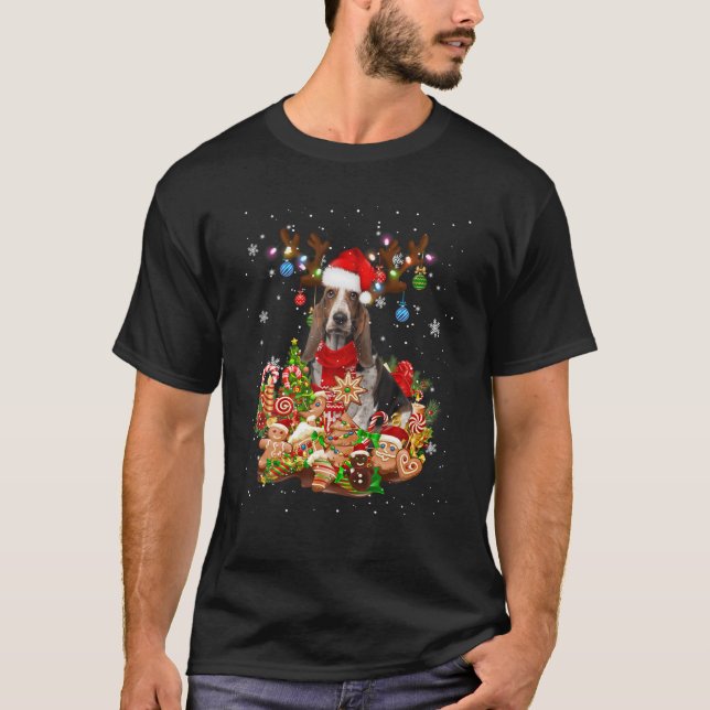 Cute Basset Hound Reindeer Christmas Lighting Sant T-Shirt (Front)