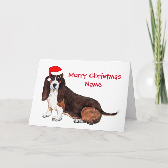 Cute Basset Hound Santa Hat Christmas Card (Front)