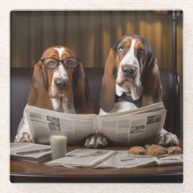 Cute basset hounds reading newspaper glass coaster (Front)