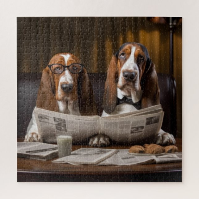 Cute basset hounds reading newspaper jigsaw puzzle (Vertical)