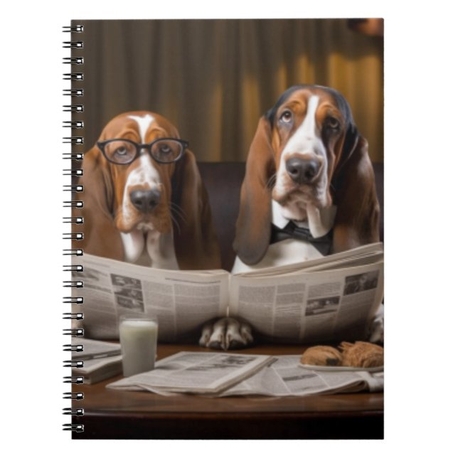 Cute basset hounds reading newspaper notebook (Front)
