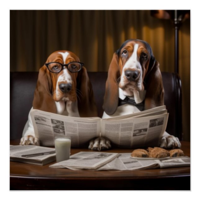 Cute basset hounds reading newspaper poster (Front)
