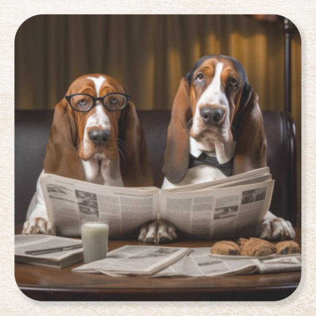 Cute basset hounds reading newspaper square paper coaster (Front)