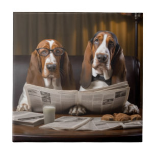 Cute basset hounds reading newspaper tile