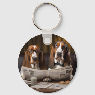 Cute basset hounds reading the news key ring