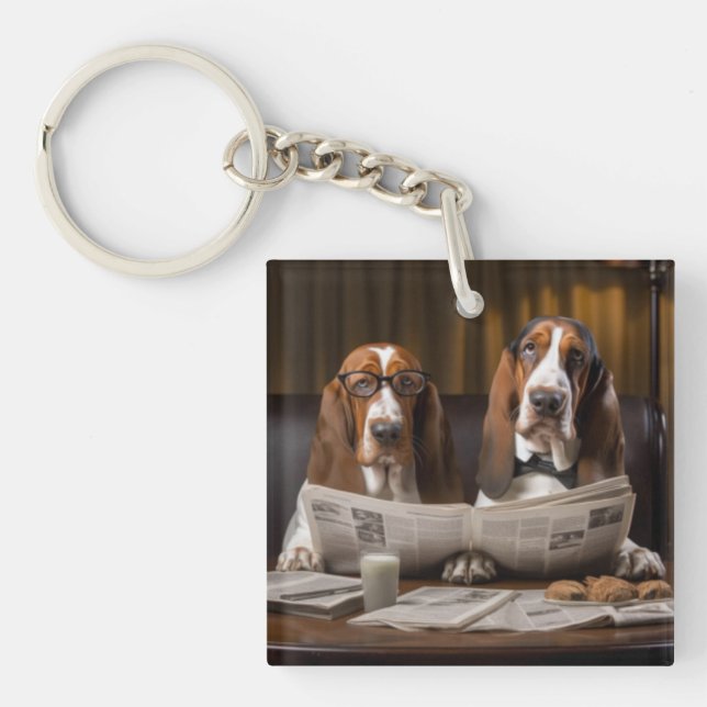 Cute basset hounds reading the news key ring (Front)