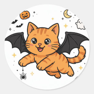 Cute Bat Cat Orange Tabby Halloween Flying Classic Round Sticker