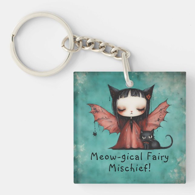 Cute Bat Fairy & Her Cat Halloween Key Ring (Front)