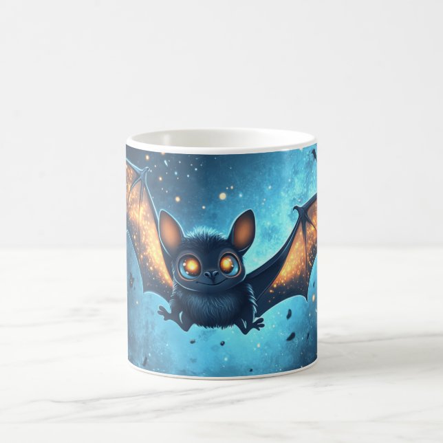 cute bat flying at night under a starry and cloudy coffee mug (Center)