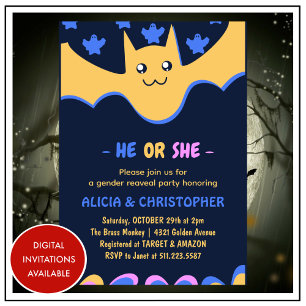 Cute bat Ghost He or She Halloween gender reveal Invitation