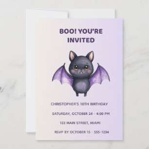 Cute Bat Halloween Birthday Invitation Kids
