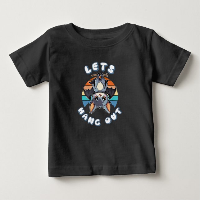 Cute Bat Hanging and Retro Sunset | Let's Hang Out Baby T-Shirt (Front)