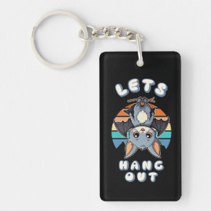 Cute Bat Hanging and Retro Sunset   Let's Hang Out Key Ring