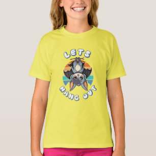 Cute Bat Hanging and Retro Sunset Let's Hang Out T-Shirt