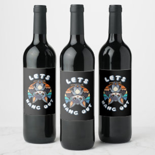 Cute Bat Hanging and Retro Sunset Let's Hang Out Wine Label