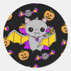 Cute Bat Holding Halloween Candy Classic Round Sticker