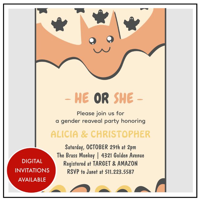 Cute bat Orange He or She Halloween gender reveal Invitation (Cute-bat-Orange-He-or-She-Halloween-gender-reveal-Invitation-1)