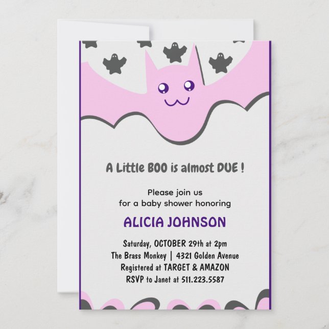 Cute bat Purple Little boo Halloween baby shower  Invitation (Front)