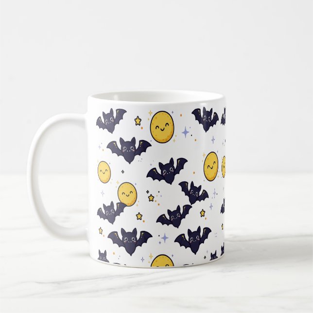 Cute Bats and Moon Halloween Pattern Coffee Mug (Left)