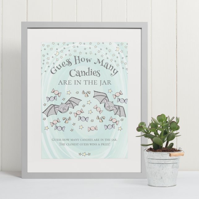 Cute Bats Guess How Many Candies Baby Shower Game Poster (Cute & Whimsical Fall Baby Shower Game Poster. Frame Not Included. Hand-Drawn Baby Bats Drawing.)