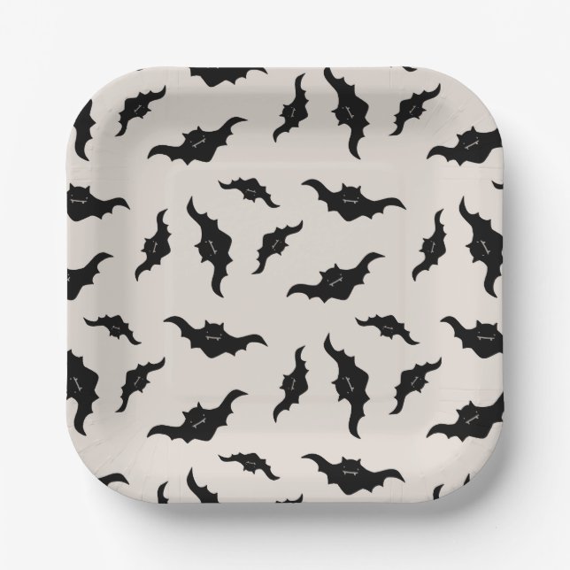 Cute Bats Halloween Black & Cream Party Plates (Front)