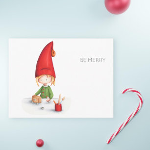 Cute Be Merry Christmas Elf making toys cartoon Postcard