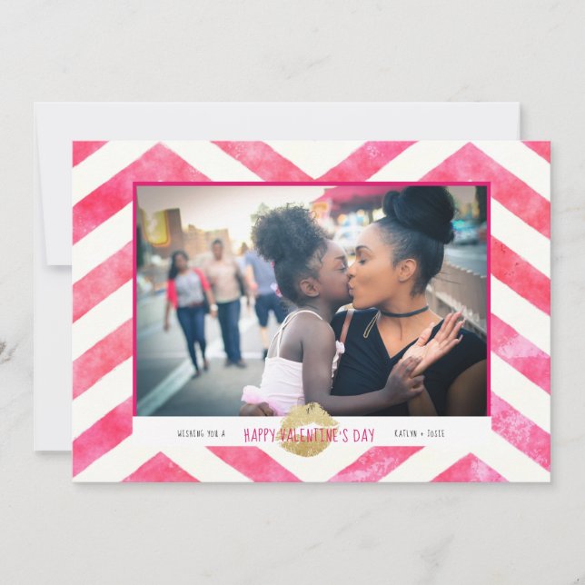 Cute Be Pink Chevron Gold Kisses Valentine's Day Holiday Card (Front)