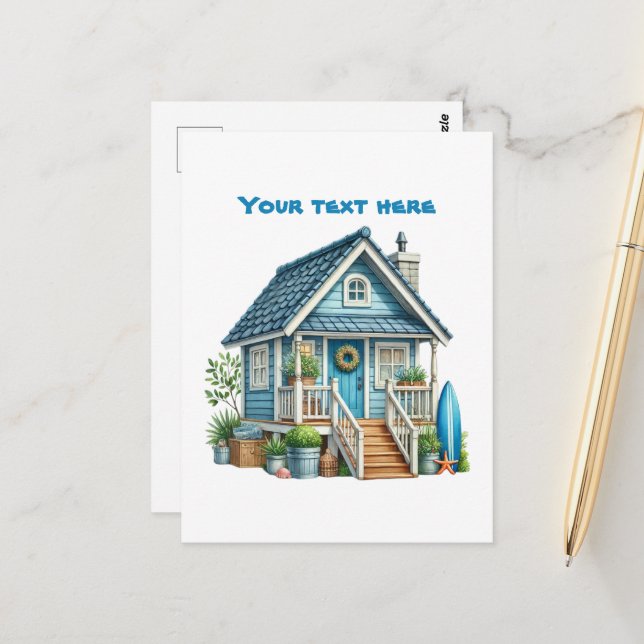 Cute beach add text beach house postcard (Front/Back In Situ)