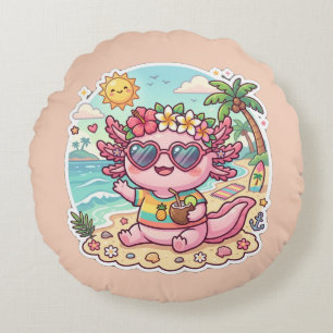 Cute Beach Axolotl Summer Vacation Round Pillow