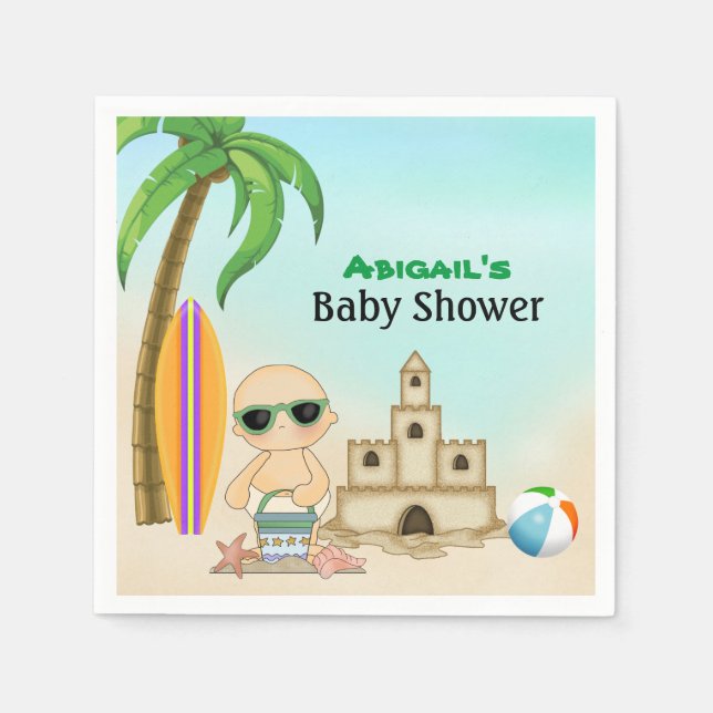 Cute Beach Baby Sandcastle n Surfboard Baby Shower Napkin (Front)