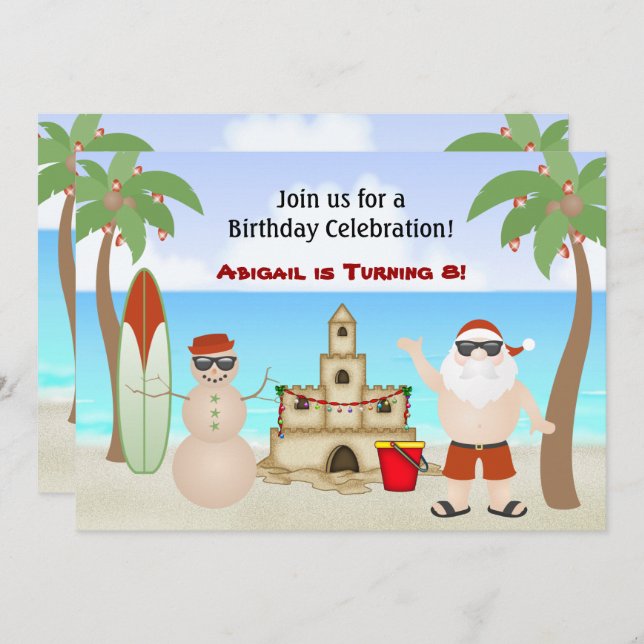 Cute Beach Christmas Holiday Birthday Invitation (Front/Back)