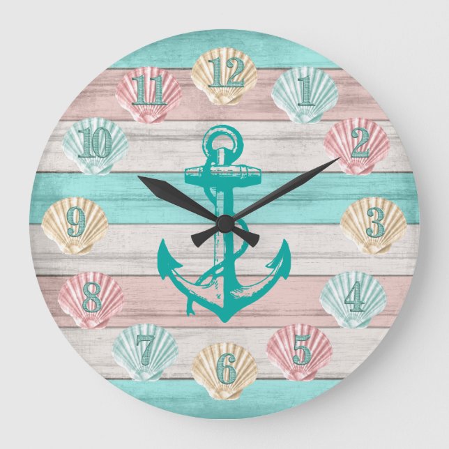 Cute Beach Colors with Seashells & Anchor Large Clock (Front)