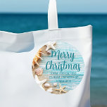Cute Beach Company Christmas Seashell Custom Gift Classic Round Sticker<br><div class="desc">A cute custom beach business holiday sticker for a tropical island company. Customise this pretty teal blue wood and seashell photography Christmas gift sticker with your seaside corporation name or other coastal professional text.</div>