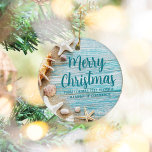 Cute Beach Company Seashell Personalised Christmas Ceramic Tree Decoration<br><div class="desc">A cute custom beach business holiday gift for a tropical island company. Customise this pretty teal blue wood and seashell photography Christmas ornament with your seaside corporation name or other coastal professional text.</div>
